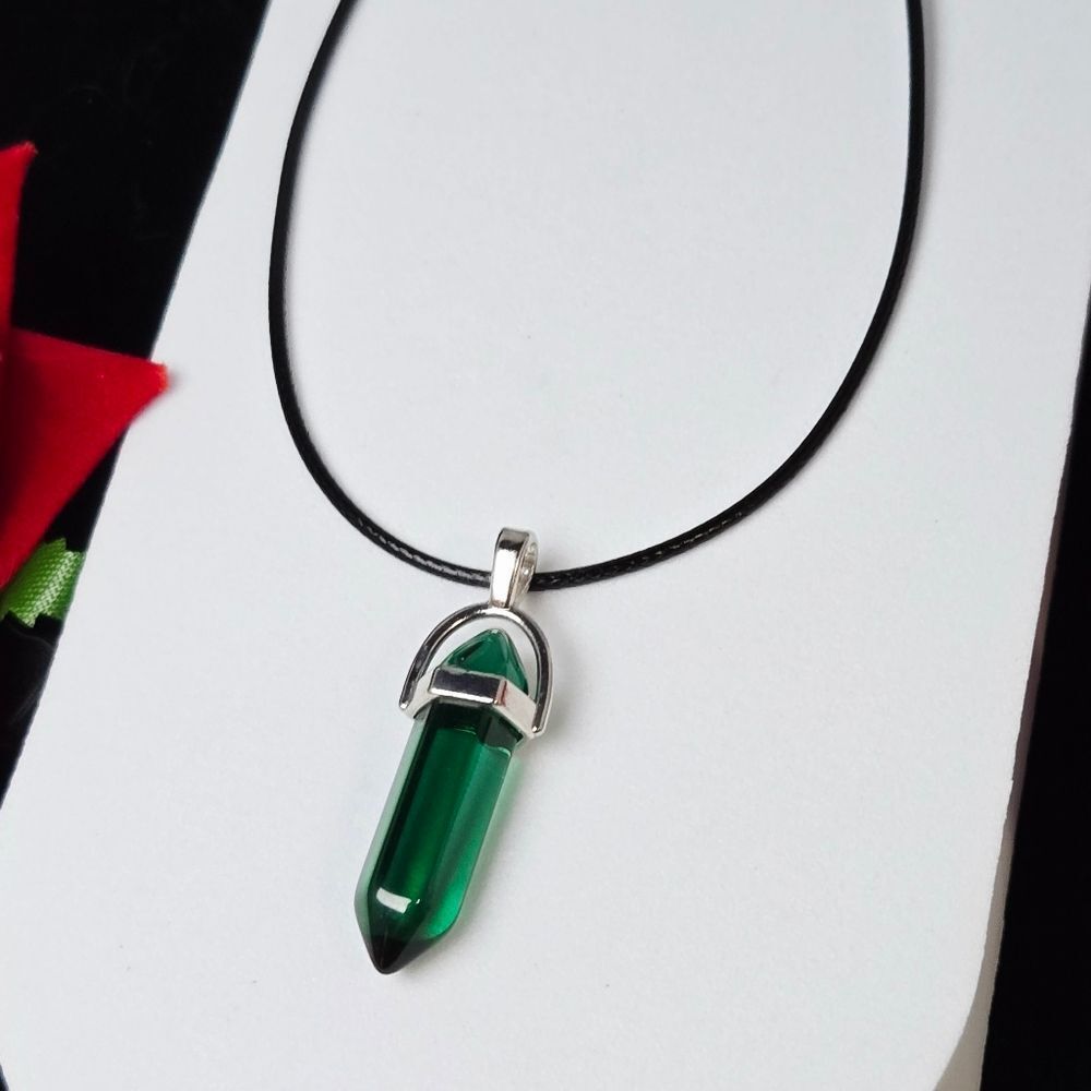 Emerald Quartz Hex Crystal Point Pendant Necklace Double Terminated Gemstone